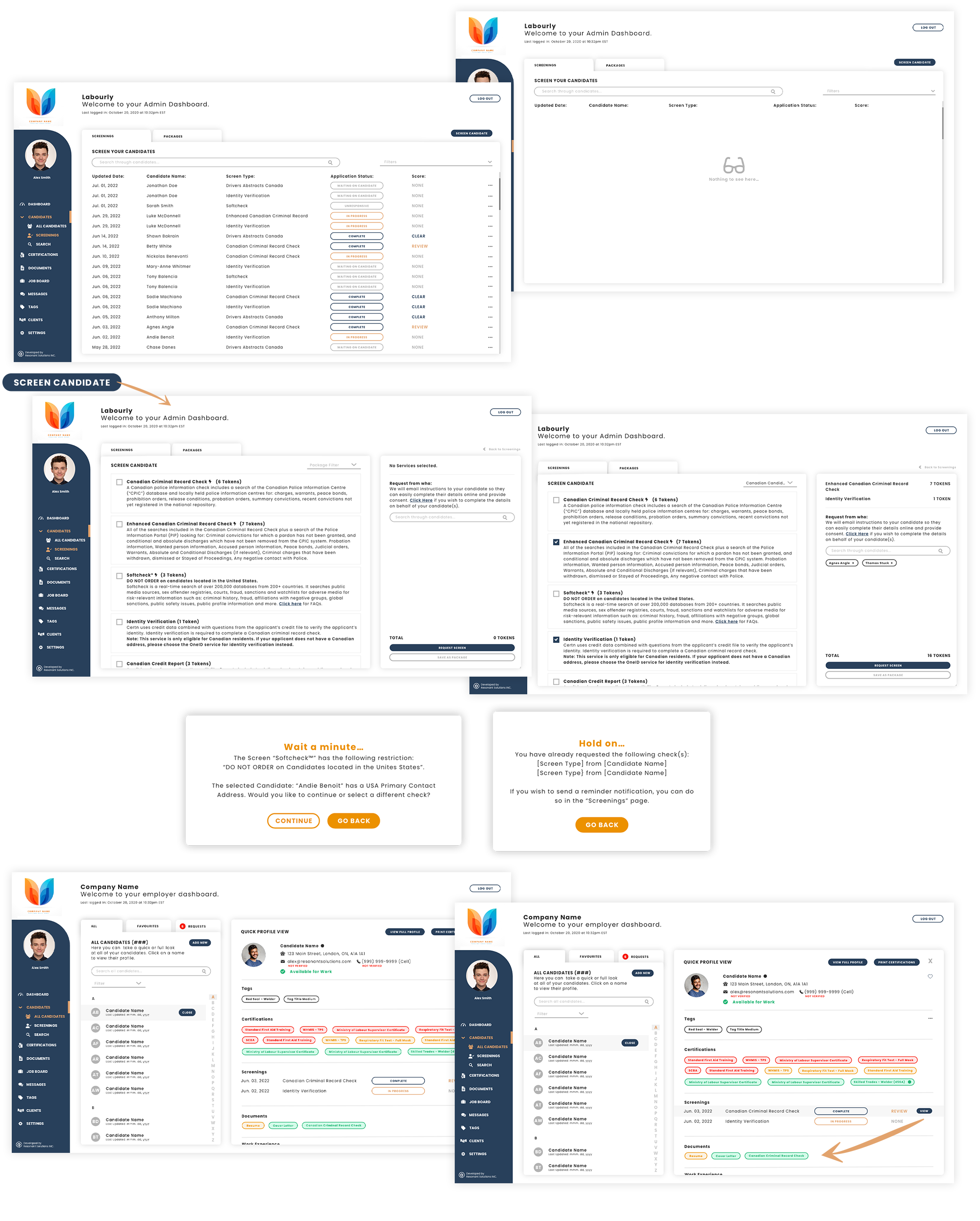 Image of multiple high-fidelity mockups and prototype of the Admin Dashboard with new feature pages.