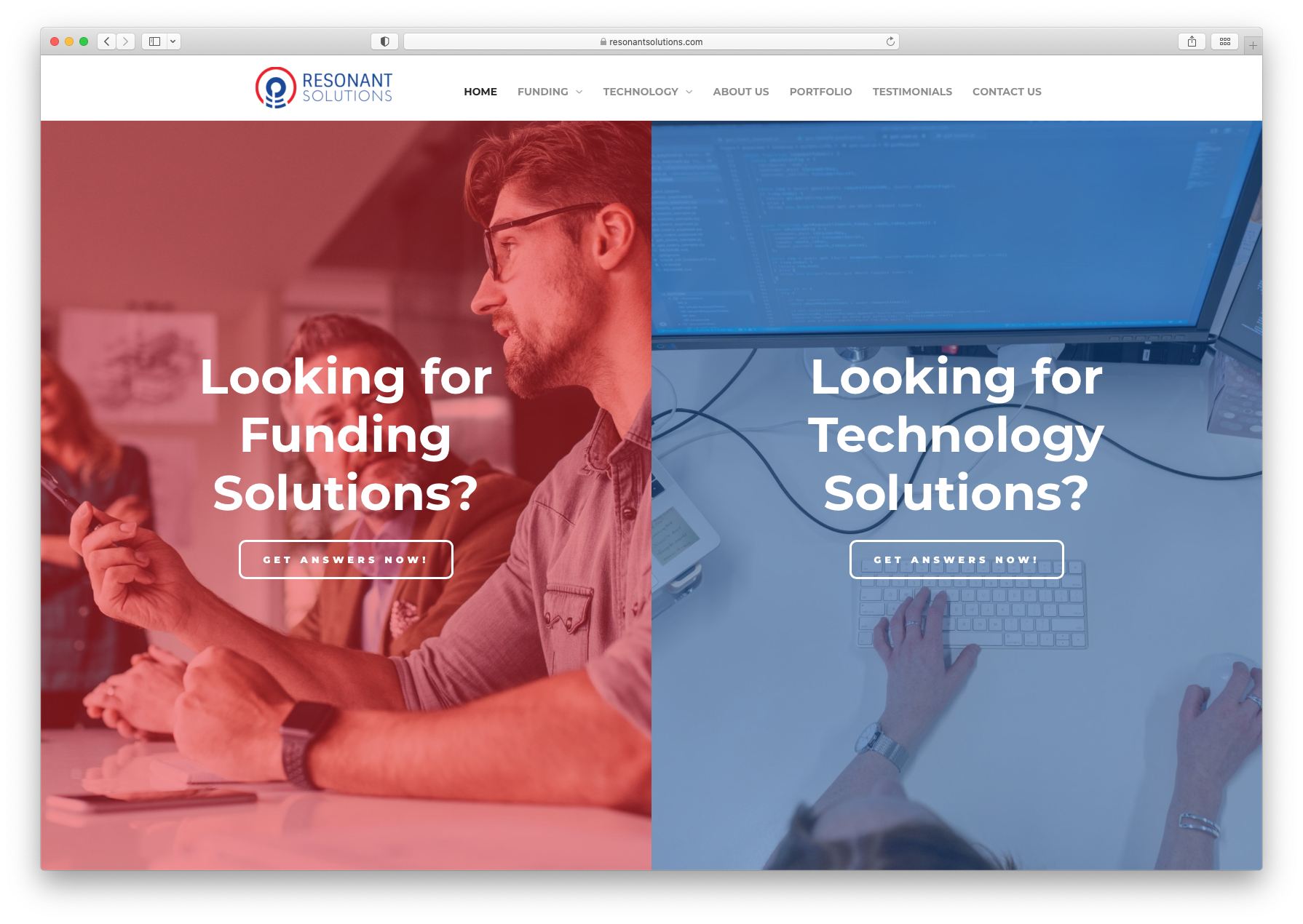 Image of the homepage design, split screen design - left side has a red overlay on an image reading, 'Looking for Business Solutions?' - right side has a blue overlay on an image reading 'Looking for Technology Solutions'.